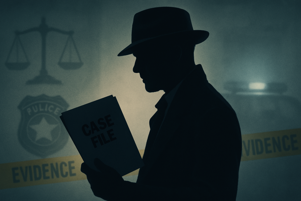 Banner showing a private investigator reviewing case files, with law enforcement elements and scales of justice in the background, conveying a balanced view of police work.